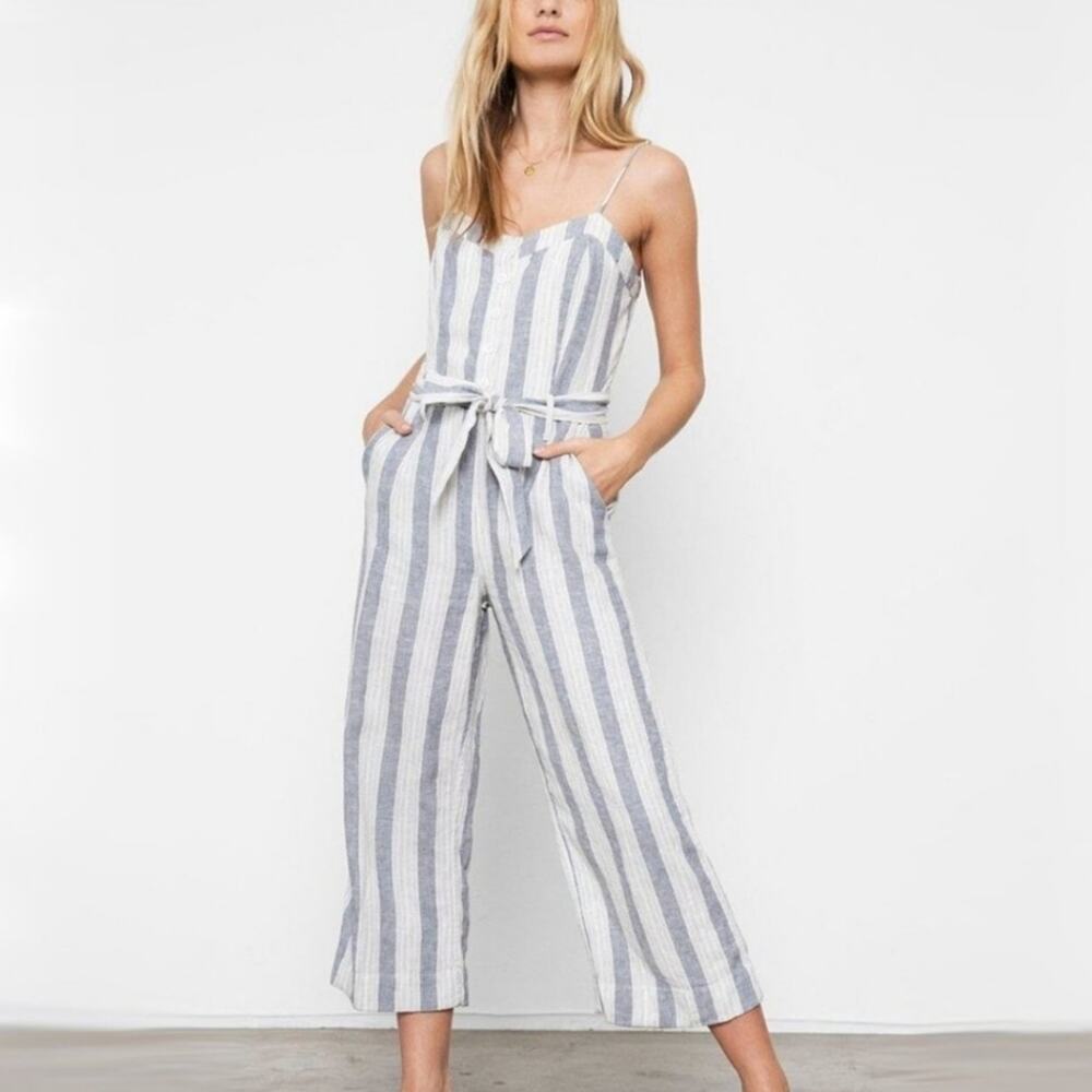 Rails Harper Striped Wide Leg Cropped Jumpsuit Medium NEW Laguna Linen Pockets